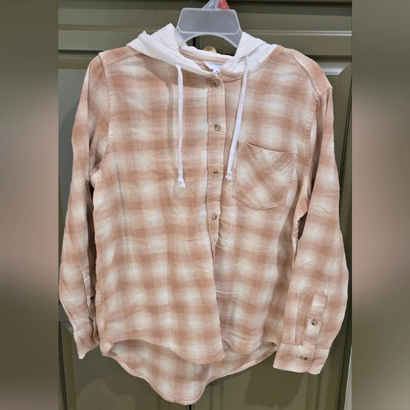 NWT Time & Tru cream and white flannel ling sleeve button down shirt with hood - Picture 1 of 4